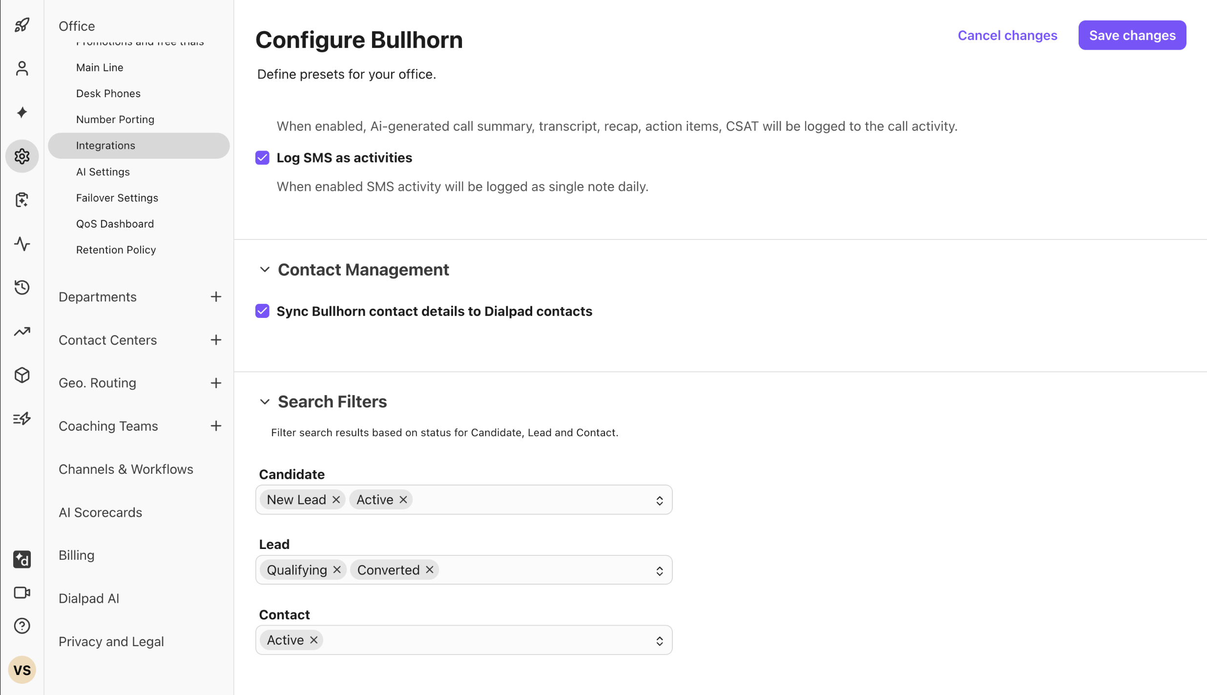 Settings for Bullhorn integration, including contact management and search filters options.